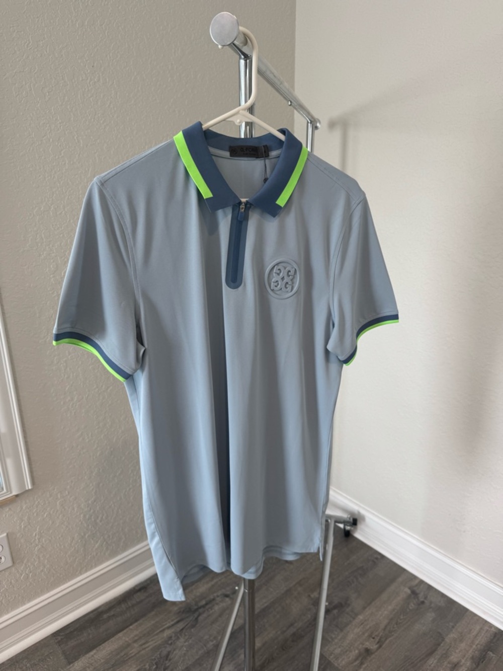 G/FORE Light Blue Polo with Navy and Neon Green Trim